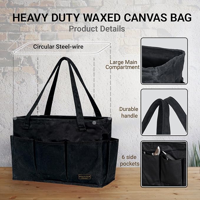 Heavy-Duty 16 oz. Waxed Canvas Tool Bag with 9 Pockets – Foldable Open-Top Design Featuring Dual Carry Handles, 15.5"x7.5"x10.5"