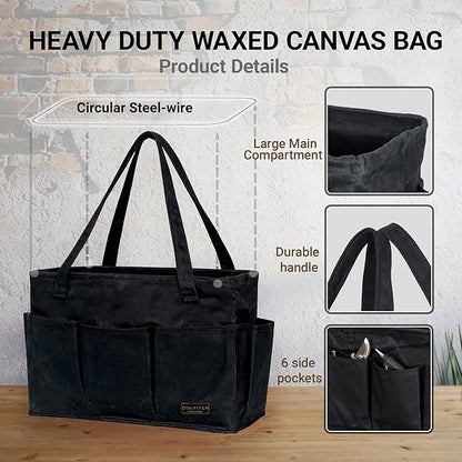Heavy-Duty 16 oz. Waxed Canvas Tool Bag with 9 Pockets – Foldable Open-Top Design Featuring Dual Carry Handles, 15.5"x7.5"x10.5"