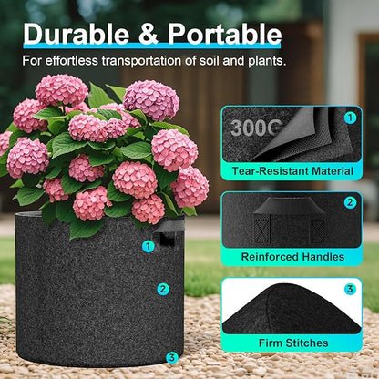 Land Guard 4-Pack Fabric Grow Bags 15 Gallon, Thickened Nonwoven Garden Pots, Growing Bags with Handles, Black