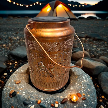 Solar Lantern with Hollow Metal Design, Garden Hanging Light, Copper Color for Outdoor Yard,Patio,Garden Decor (1)