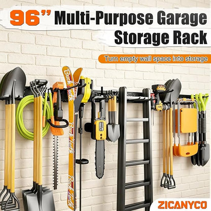 Garage Tool Organizer Wall Mount 99 inches with 18 Adjustable Heavy-Duty Hooks, Garage Organization, Garden Tool Storage Rack for Garage, Yard, and Shed, Holds Up to 750 lbs
