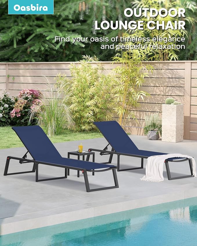 Aluminum Chaise Lounge Chair Outdoor, Foldable& No Assembly Patio Pool Lounge Chairs 5-Position Recliner for Outside, Fully Grounded Legs Sun Lounger for Poolside, Navy Blue, 2 Pack