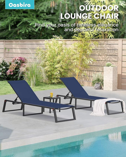 Aluminum Chaise Lounge Chair Outdoor, Foldable& No Assembly Patio Pool Lounge Chairs 5-Position Recliner for Outside, Fully Grounded Legs Sun Lounger for Poolside, Navy Blue, 2 Pack