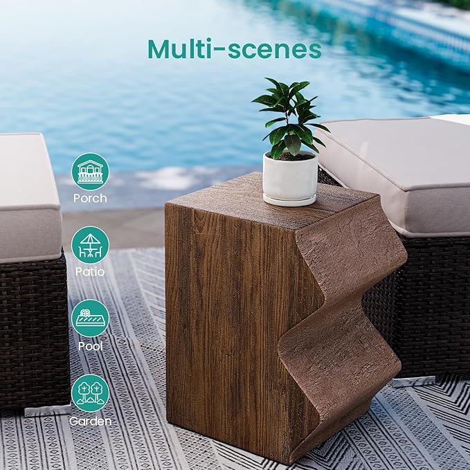 SUNBURY Concrete Side Table Set of 2, Outdoor Side Table Combine for Patio, Outdoor Accent Table Patio End Table in Woodgrain, Ceramic for Garden, Porch, Rectangular, Light Brown
