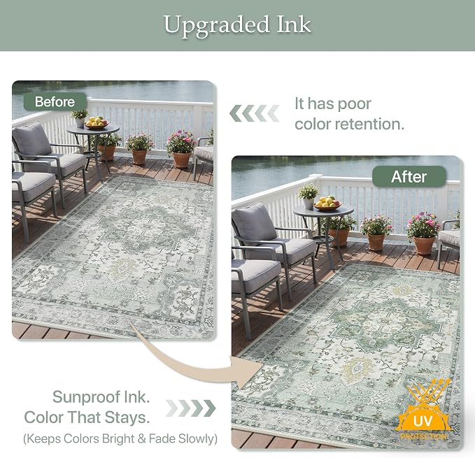 GENIMO Outdoor & Indoor Area Rug 8'x10', Waterproof, Non-Shedding, Easy Cleaning, Boho Mat for Patio, Living Room, Balcony, Dining Room, RV, Deck, Bedroom, Camping, Outside Carpet,Light Green