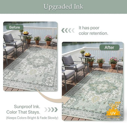 GENIMO Outdoor & Indoor Area Rug 8'x10', Waterproof, Non-Shedding, Easy Cleaning, Boho Mat for Patio, Living Room, Balcony, Dining Room, RV, Deck, Bedroom, Camping, Outside Carpet,Light Green