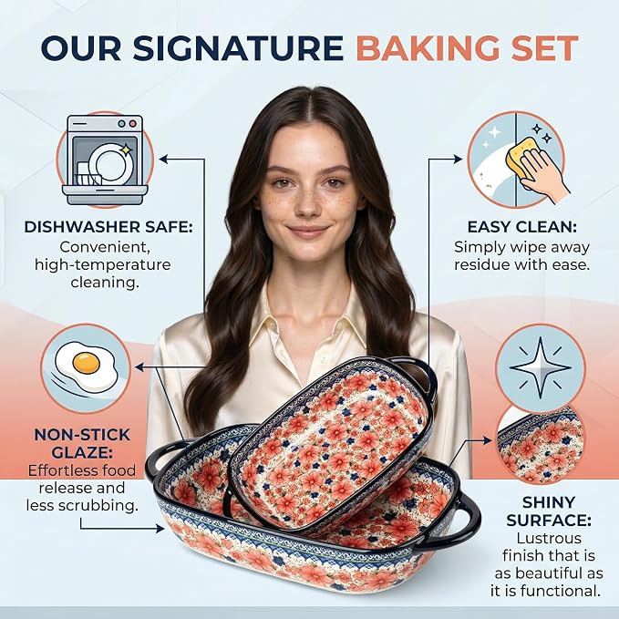 Ceramic Baking Dish with Handles, Hand-painted Polish Pottery Baking Dish Set of 2,Baking Pan Lasagna Pan, Rectangular, Floral Pattern, Oven Safe, 13.22x7.5x2.8 Inch (red)