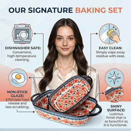 Ceramic Baking Dish with Handles, Hand-painted Polish Pottery Baking Dish Set of 2,Baking Pan Lasagna Pan, Rectangular, Floral Pattern, Oven Safe, 13.22x7.5x2.8 Inch (red)