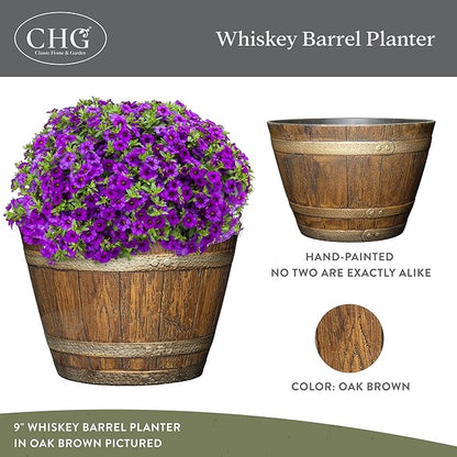 Classic Home & Garden Whiskey Barrel Planters - Wooden Finish Flower Planter Pot - Decorative Garden Pots - Indoor & Outdoor Resin Planters - Weather-Resistant Planting Pots (15” Oak Brown, Pack Of 1)