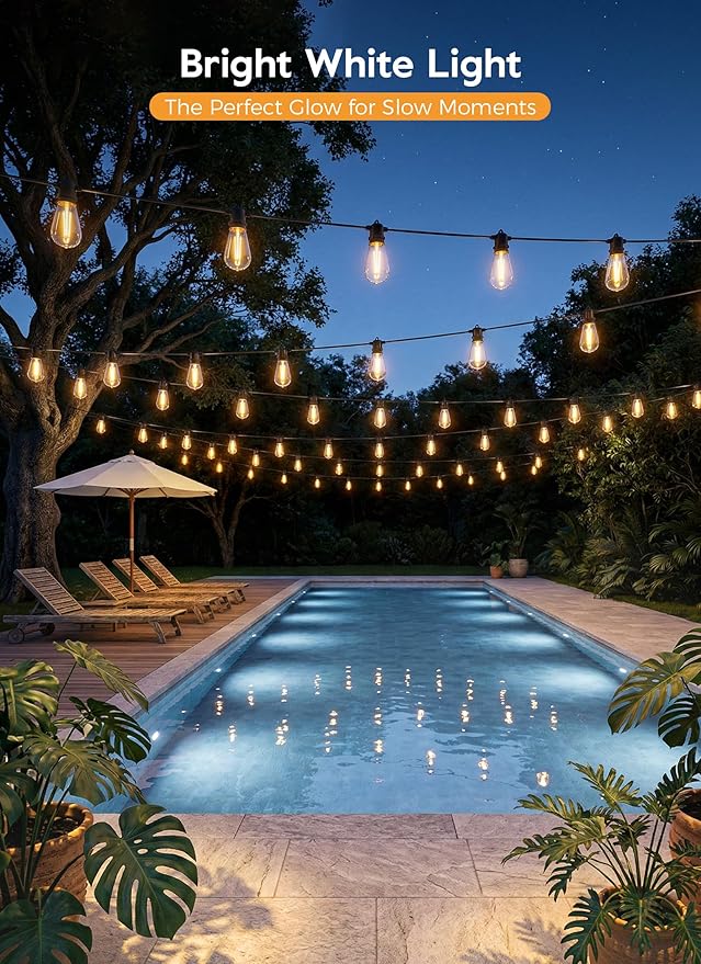 Minetom 163FT Solar String Lights Outdoor Waterproof, 52 LED S14 Shatterproof Bulb, Patio Lights with Remote Type-C Port Timable, 3 Light Modes Dimmable Solar String Lights for Outside, Yard, Camping