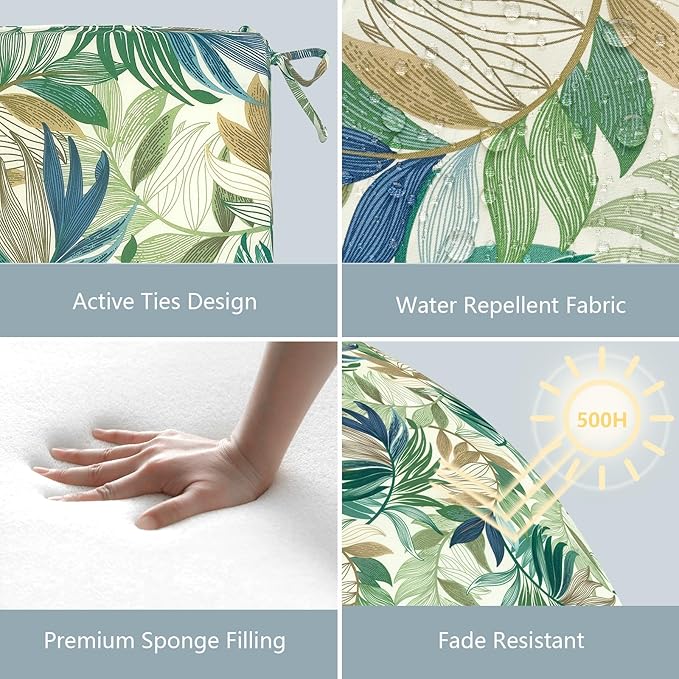 LVTXIII Outdoor Seat Cushions Seasonal Replacement Chair Cushions, Patio Chair Pads with Ties for Dining Chairs and Garden Furniture, Square Back, 18.5"x16"x2", 4 Pack, Lush Leaf Green