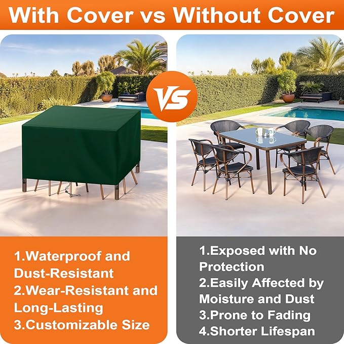 Patio Furniture Cover Rectangle 84"(L) x 36"(W) x 28"(H), Custom Heavy Duty 420D Waterproof Outdoor Cover with Drawstring & Buckles for Table Chair Garden, Green