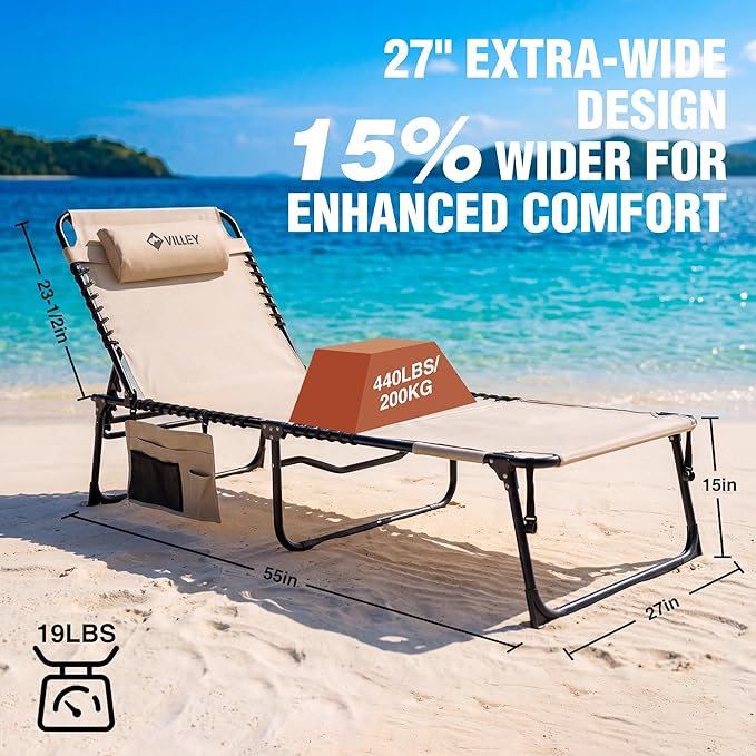 VILLEY Oversized Chaise Lounge Chair with Face Hole, Adjustable Reclining Beach Chair, Portable Tanning Chair, Outdoor Folding Sunbathing Chair for Patio Lawn Beach Pool