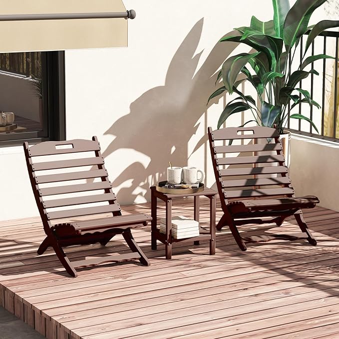 GREENVINES 3 Pieces Patio Furniture Set | Outdoor Bistro Sets for 2 | HDPE Wood Grain | Folding-Adirondack-Chairs-with-Side-Table | All Weather | Xavier Chair | for Porch Deck Poolside | Dark Brown