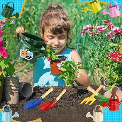 130 Pcs Kids Garden Tools Set Include 6 Pcs Small Metal Watering Can 24 Gardening Tools Kit Shovel, Rake, Fork and Trowel with Wooden Handle and 100 Stickers for Kids Beach Planting Gifts