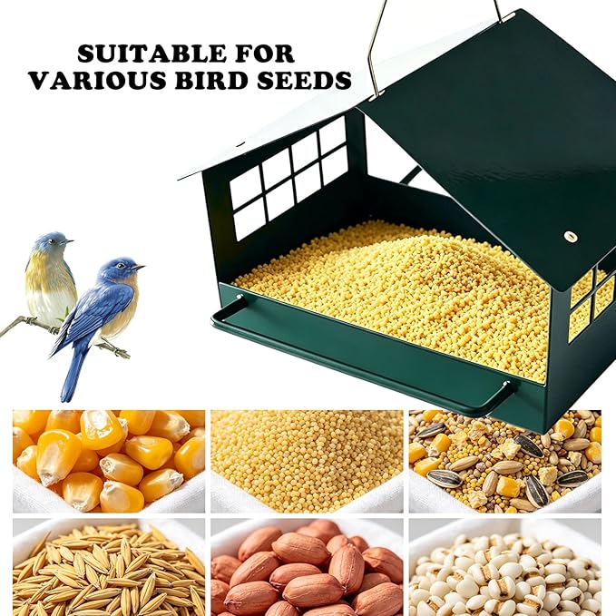 All-Metal Platform Bird Feeder for Outdoors, Dark Green Rustproof Hanging Bird Feeder with Double-Sided Long Perches, Weatherproof Wild Bird Feeder for Small Birds, Compact Garden Decor