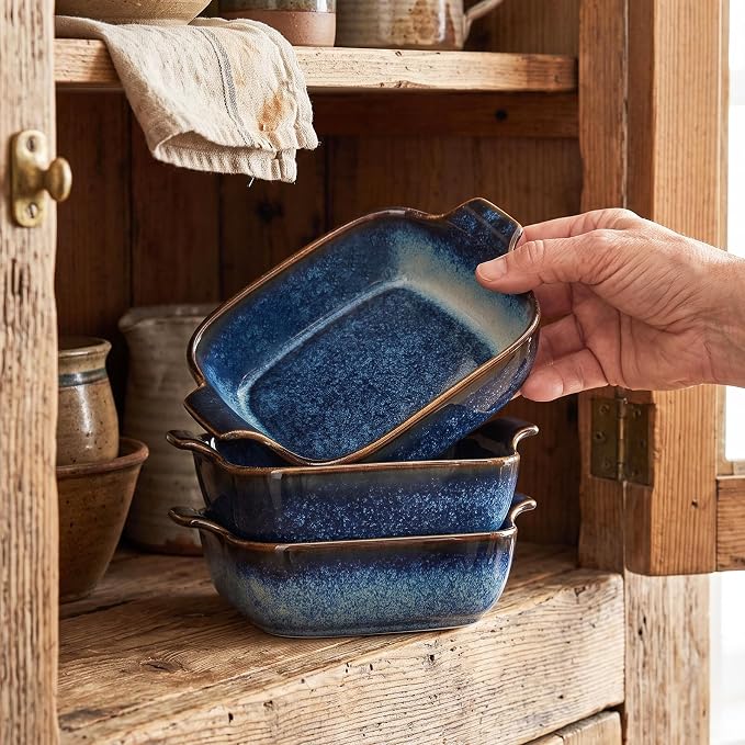 Ceramics Au Gratin baking Dishes Set of 4, Baking Tray Bake ware, 10.5 oz Ramekins, for Pie Pan, Appetizer, Tart, Dessert, Quiche, Oven Small dish, individual dishes, Square 7.3 Inch