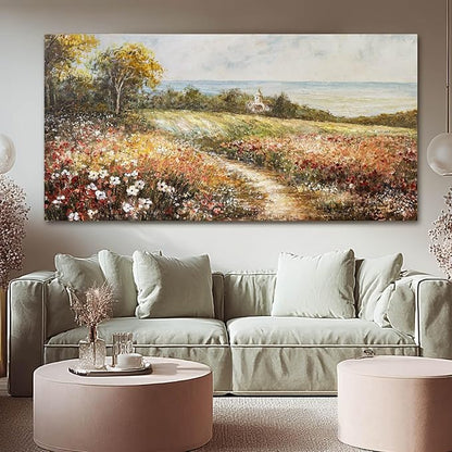 YETHEN WAL Wildflower Meadow Landscape Wall Art with Cottage – Panoramic Country Path Canvas Print, Floral Nature Artwork for Living Room Bedroom, 24x48 Inch
