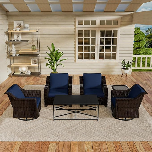 Vista Vibe 6 Pieces Outdoor Rattan Patio Conversation Furniture Set - 360 Degree Swivel Glider Rocker Chairs | Coffee Table | 2 Wicker Chairs, Washable Cushions, Terrace, Sunroom (Brown/Navy)