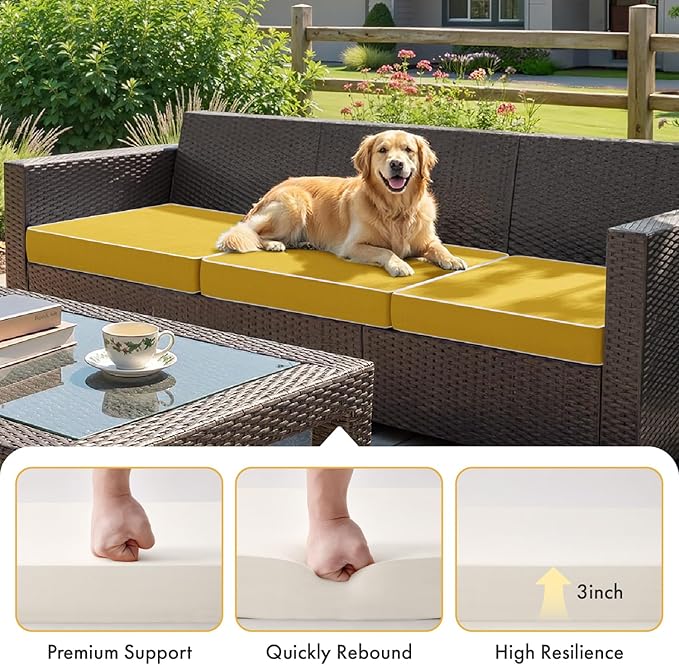 MIULEE Yellow Outdoor Chair Cushions Set of 2, 19x19x3 Inch Waterproof Patio Seat Cushions for Outdoor Furniture Couch Sofa, 3 Year Color Fastness High Density Foam with Adjustable Ties