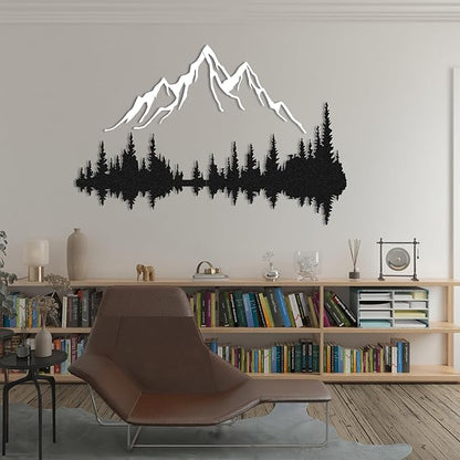 WOCHMANN,Mountain Lake Forest Large Metal Wall Art Black Minimalist Nature Silhouette Wall Decor Outdoor Landscape Wall Sculpture for Living Room, Bedroom, Kitchen or Office (Black & White, 47W'' x 31L'', Unframed)