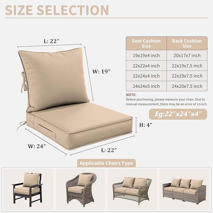 Premium Outdoor Seat Cushion Chair Cushions for Patio Furniture 22 L X 24 W X 4 H Waterproof & Fade Resistant Deep Seat and Backrest Cushion Set with Removable Covers for Chair, Sofa