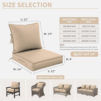 Premium Outdoor Seat Cushion Chair Cushions for Patio Furniture 22 L X 24 W X 4 H Waterproof & Fade Resistant Deep Seat and Backrest Cushion Set with Removable Covers for Chair, Sofa
