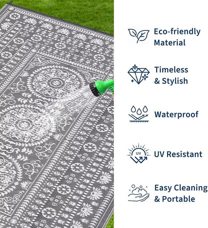 Garvee Reversible Outdoor Rug 6x9 for Patio, Waterproof Outdoor Area Rug, Modern Medallion Indoor Outdoor Rugs, Plastic Straw Rug for RV, Camping, Deck, Vintage Grey