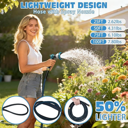 Halfjuly Garden Hose 50FT, Flat Non-Expandable Lightweight Water Hose, Durable Flexible Heavy Duty No Kink Design with 3/4" Fittings, 10 Way Spray Nozzle for Outdoor Yard Lawn
