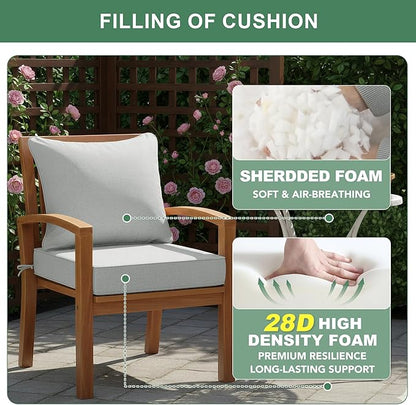 Summsun Patio Cushions for Outdoor Furniture, Faux Linen Water Resistant Backrest and Seat Cushion Set with Non-Slip Bottom, Straps, Removable Cover, 19 x 19 Inch, Light Grey, Set of 4
