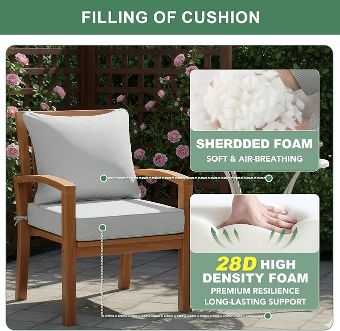 Summsun Patio Cushions for Outdoor Furniture, Faux Linen Water Resistant Backrest and Seat Cushion Set with Non-Slip Bottom, Straps, Removable Cover, 19 x 19 Inch, Light Grey