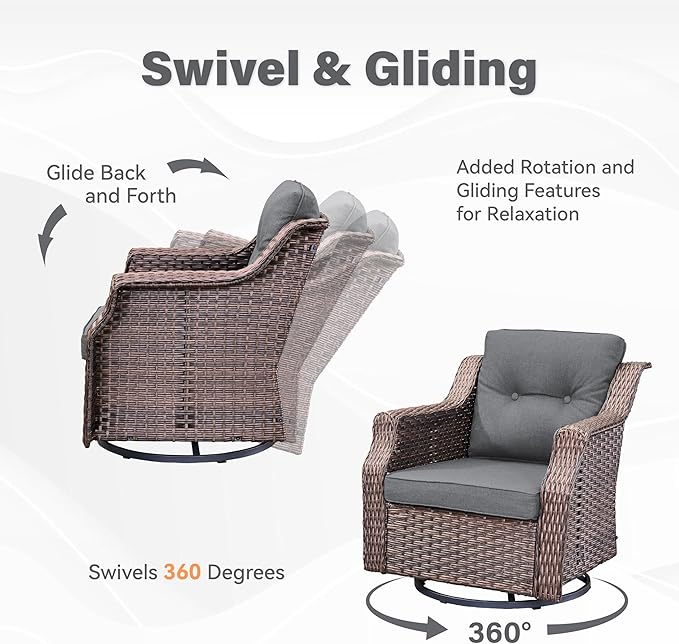 Patio Wicker Chairs Swivel Rocker-Outdoor Swivel Rocker Chair Set of 2 with All Weather Wicker Glider Rocker Set, PE Rattan Swivel Rocking Chair with Side Table for Yard Balcony Deck Porch Brown/Grey