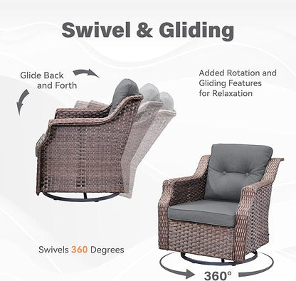 Patio Wicker Chairs Swivel Rocker-Outdoor Swivel Rocker Chair Set of 2 with All Weather Wicker Glider Rocker Set, PE Rattan Swivel Rocking Chair with Side Table for Yard Balcony Deck Porch Brown/Grey
