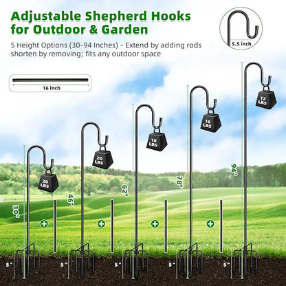 94" Heavy Duty Shepherds Hooks for Outdoor, Bird Feeder Pole with 5 Prong Base, Adjustable Height Shepherds Hook for Hummingbird Feeder, Bird Feeder, Plant, Wind Chimes,Lanterns,Wedding Decor (1 Pack)