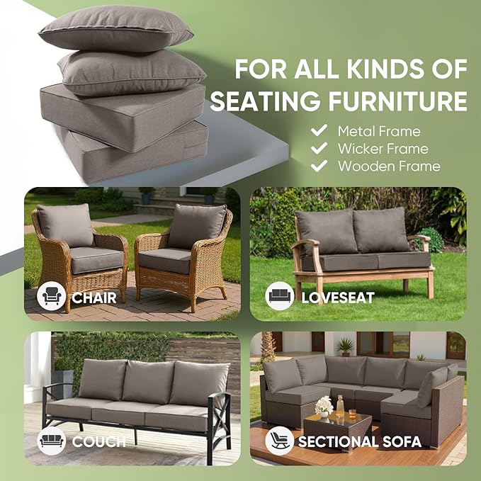 Outdoor Furniture Cushions, 6 inch Thick Seat Cushions for Outdoor Furniture, Waterproof 24x24 Patio Couch Cushions, Replacement Chair/Sofa Cushion, Include 4 Back & 4 Seat Cushion, Thick/Gray
