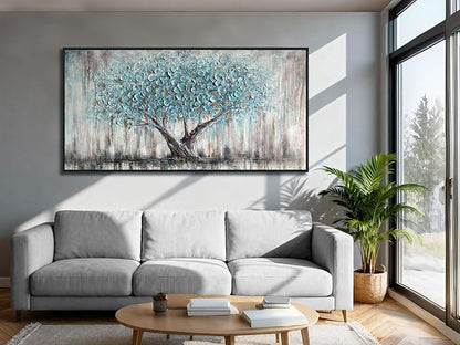 Arjun Framed Blue Tree Canvas Wall Art for Living Room Tree of Life Abstract Bedroom Textured Painting, Nature Picture Panoramic Landscape Artwork Home Office Decor, Black Wood Large 48"x24"