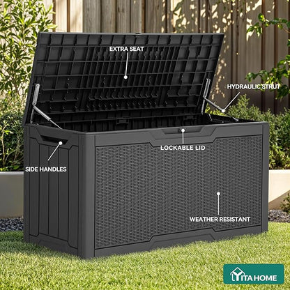 YITAHOME 80 Gallon Outdoor Storage Box, Large Water Resistant Resin Deck Box, Indoor Outdoor Lockable Rattan Storage Container for Patio, Garden, Cushions, Tools, Equipment (Dark Gray)