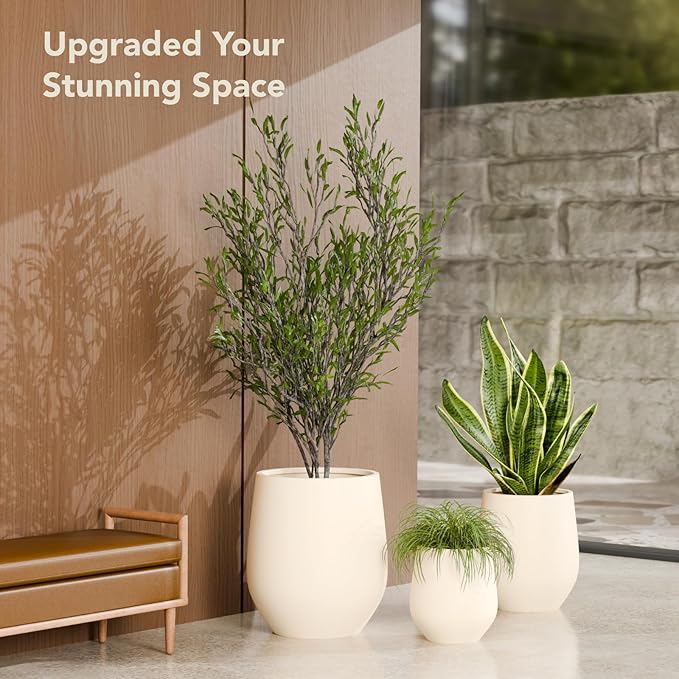 KUTE NEST 12.5" H x 11.4" D Premium Corso Fiberstone Round Tapered Planter with Drainage Hole, Smooth Finishes, Weather Resistant, Included 2 Extra Coco Mats (Kilim Beige, 9" Pot Opening)