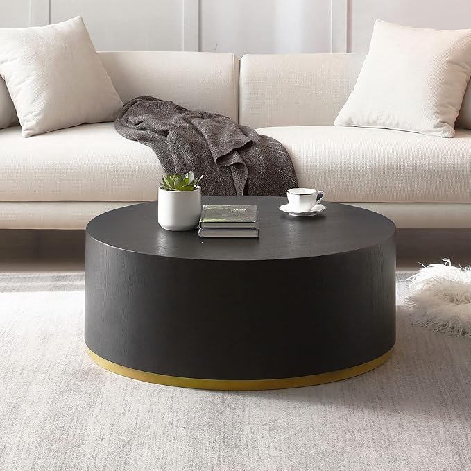 kevinplus Black Round Coffee Table for Living Room, Modern Contemporary Drum Circle Wood Coffee Table for Apartment Office, Black & Gold