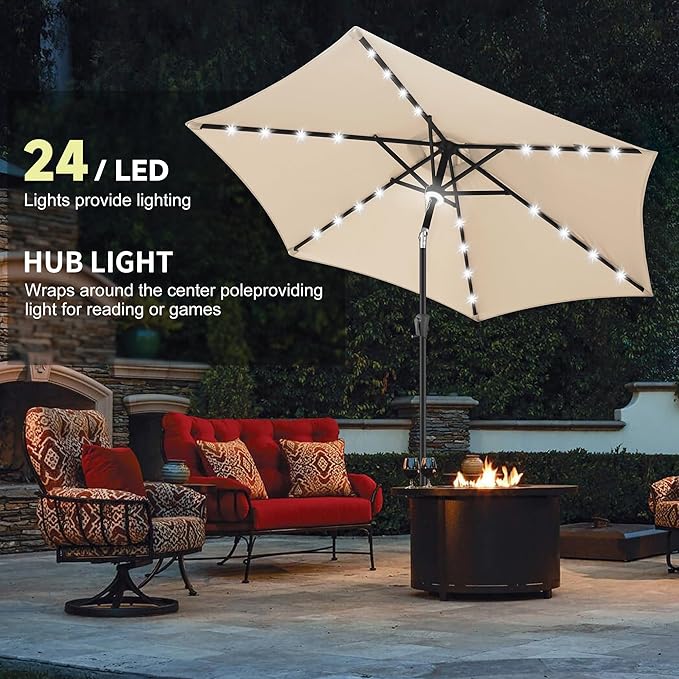 10ft Solar Patio Umbrella - Outdoor Umbrella with Centre Surround Light 24 LED Beads, Market Table Umbrella with Tilt & Crank for Pool, Porch, Garden, Deck, Backyard UV Protection(Beige)