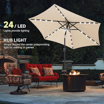 10ft Solar Patio Umbrella - Outdoor Umbrella with Centre Surround Light 24 LED Beads, Market Table Umbrella with Tilt & Crank for Pool, Porch, Garden, Deck, Backyard UV Protection(Beige)