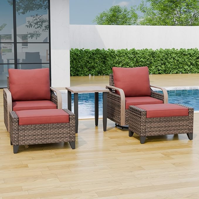 Modern Wicker Bistro Table and Chairs Set, Rattan Outdoor Bistro Set with Swivel Rocking Chairs, Ottomans & Table, 5 Pieces, Brown/Red