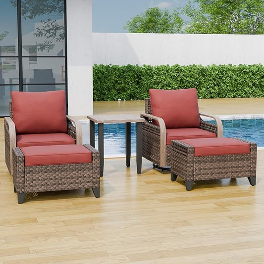 Modern Wicker Bistro Table and Chairs Set, Rattan Outdoor Bistro Set with Swivel Rocking Chairs, Ottomans & Table, 5 Pieces, Brown/Red