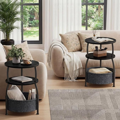 Round Side Table with Storage Basket, End Table Living Room, Black | Round End Table Small Spaces, Bedside Table for Bedroom, 3 Tiers, Sofa Couch Side Table, Greige 15.75 x 24in