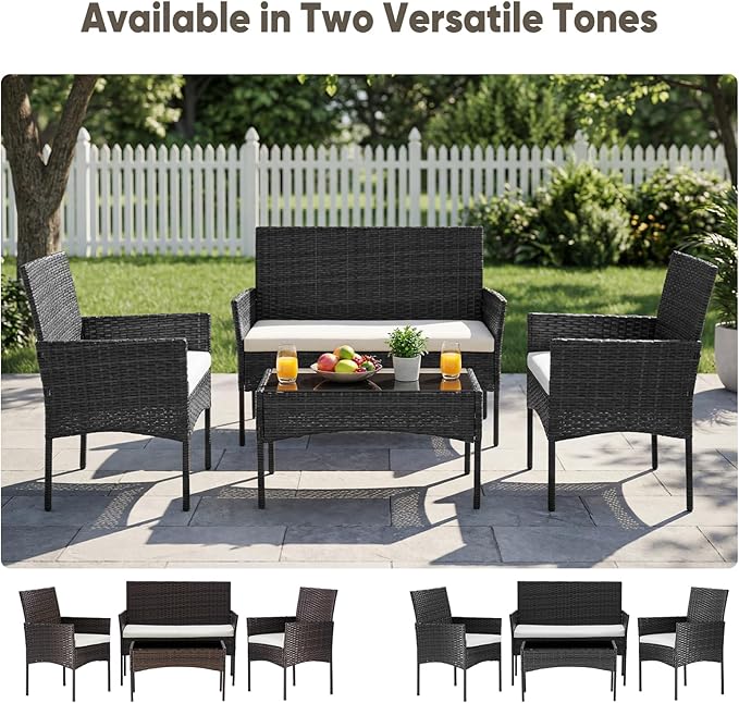 DUMOS 4 Piece Patio Furniture Set, All-Weather Outdoor Wicker Conversation Set with Removable Cushions & Tempered Glass Coffee Table, for Porch, Balcony, Lawn, Backyard Black