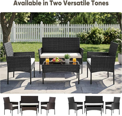 DUMOS 4 Piece Patio Furniture Set, All-Weather Outdoor Wicker Conversation Set with Removable Cushions & Tempered Glass Coffee Table, for Porch, Balcony, Lawn, Backyard Black