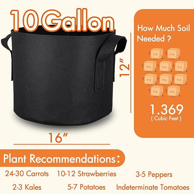 Gardzen 6-Pack 10 Gallon Grow Bags, 300G Thickened Nonwoven Fabric Pots with Handles, Heavy Duty Aeration Plant Bags for Gardening and Container Growing