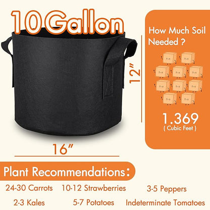Gardzen 6-Pack 10 Gallon Grow Bags, 300G Thickened Nonwoven Fabric Pots with Handles, Heavy Duty Aeration Plant Bags for Gardening and Container Growing