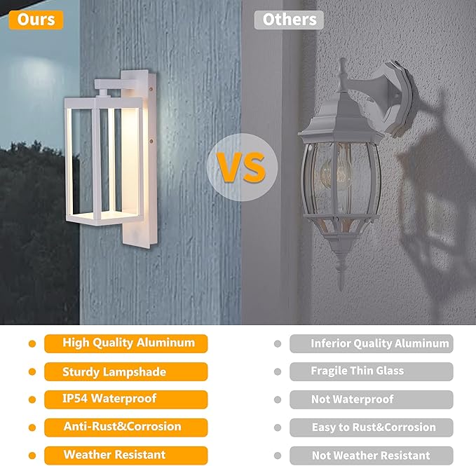 Outdoor Wall Light Lantern 2 Pack LED White Modern Exterior Light Fixture with Clear Glass 13W Anti-Rust IP54 Waterproof Front Porch Light