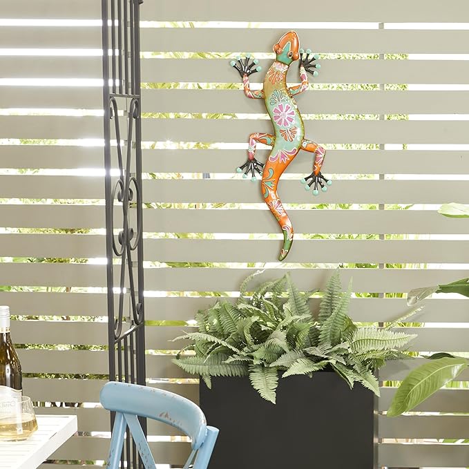 Deco 79 Metal Lizard Home Wall Decor Indoor Outdoor Floral Patterned Wall Sculpture with Teal and Pink Accents, Wall Art 18" x 3" x 33", Orange
